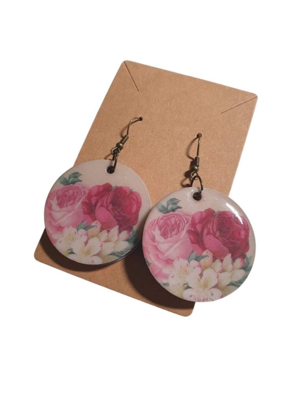 Floral Rose Print Round Dangle Earrings Lightweight Resin Drop Hook Jewelry Gift